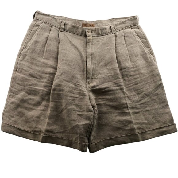 Ruff Hewn Mens Shorts Size 36W Beige 100% Linen Pleated Cuffed Casual Chino - Picture 1 of 12